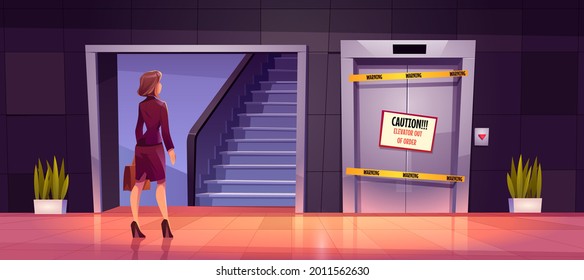 Businesswoman stand near ladder and broken lift