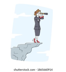 Businesswoman Stand on Mountain Top Watching Far into Spyglass. Business Vision, Recruitment Employee, Business Female Character Visionary Forecast Prediction Concept. Linear Vector Illustration