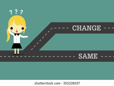businesswoman stand on road which separate 2 way of change or same.