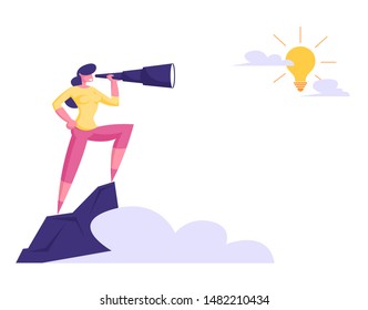 Businesswoman Stand on Top of Mountain Watching to Spyglass on Shining Light Bulb in Sky. Business Vision, Recruitment Employee, Business Character Visionary Forecast. Cartoon Flat Vector Illustration