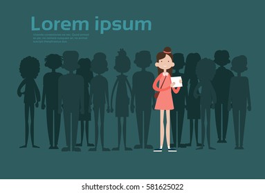 Businesswoman Stand Out From Crowd, Spotlight Hire Mix Race Human Resource Recruitment Candidate People Group Business Team Vector Illustration