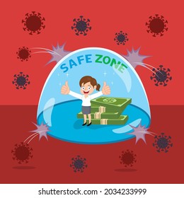 Businesswoman stand in safe zone saving money surrounded by Coronavirus,Virus attack,illustration vector cartoon