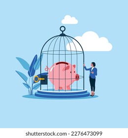 Businesswoman stand with wealthy piggy bank under bird cage strong protection. Protect money from inflation, insurance. Flat vector illustration