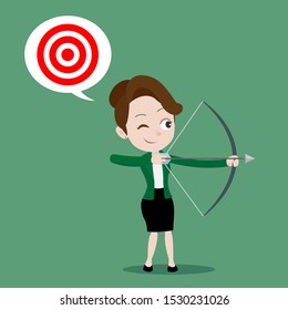 Businesswoman standing and aiming target with bow and arrow, Cartoon vector illustration