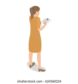 Businesswoman standing with back and writing on plane table isolated on white. Woman dressed in brown midi dress and brown shoes. Female hand holding red pen. Vector illustration flat design.