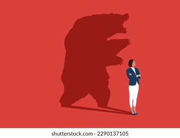 Businesswoman standing bear shadow concept illustration. Bear or bearish market trend, Trade exchange background. Global economy crash.