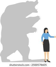 Businesswoman standing bear shadow concept illustration. Bear or bearish market trend, Trade exchange background. Global economy crash.

