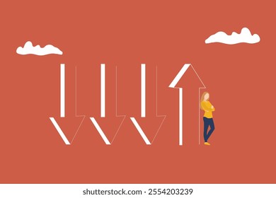 Businesswoman standing beside change arrow direction for good. concept of opportunity, improvement, Change management and business transformation