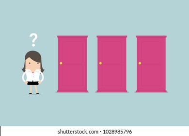 Businesswoman standing beside three doors, unable to make the right decision concept with question marks above her head