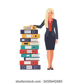 Businesswoman standing beside a towering stack of colorful file folders.