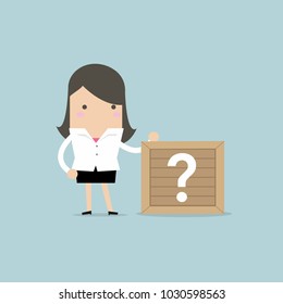Businesswoman standing beside unknown box. vector