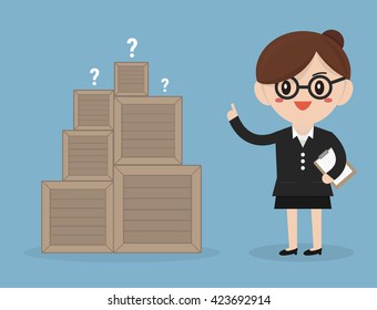 Businesswoman standing beside unknown box