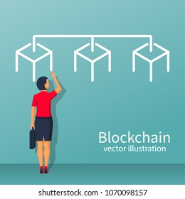 Businesswoman is standing blockchain system. Cryptography e-business. Vector illustration flat design. Isolated on background. Modern business people.