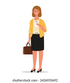 Businesswoman is standing with a briefcase in hand. Office worker or entrepreneur character design holds coffee in hand, isolated on white background, vector cartoon illustration