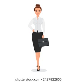 Businesswoman standing with briefcase, lady business leader smiling vector illustration