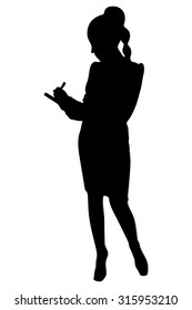 businesswoman standing with clipboard and pencil isolated on a white background