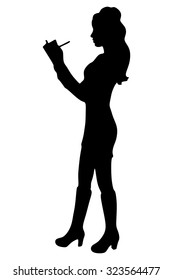 businesswoman standing with clipboard and pencil isolated on a white background