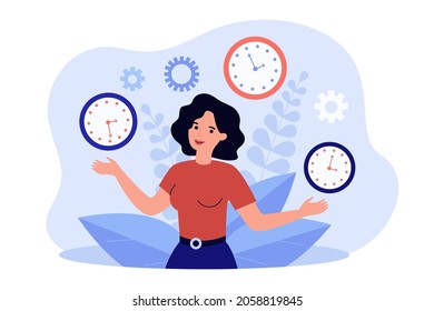Businesswoman standing with clocks. Woman working in different time zones flat vector illustration. World business, global international time concept for banner, website design or landing web page