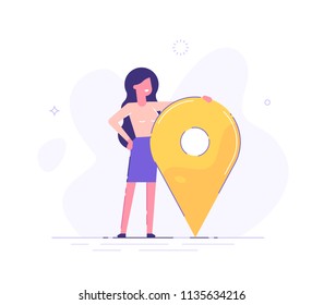 Businesswoman is standing close to big map pointer. Our office location. Vector illustration.