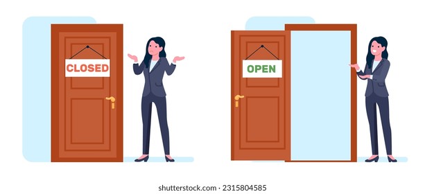 Businesswoman standing at closed door. Woman invites to come in open doorway. Employee in suit. Confused or happy female. Secretary work. Invitation gesture. Office