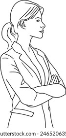 Businesswoman standing confidently with arms crossed, self-assured posture, confident stance, assertive demeanor. one continues line art vector illustration