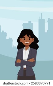 Businesswoman standing confidently with crossed arms, looking at the camera, in front of a city skyline character vector illustration design. 