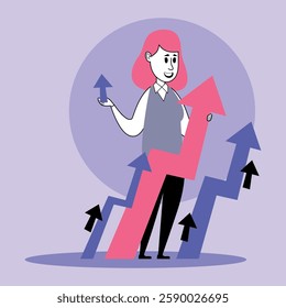 Businesswoman standing confidently, holding growth arrow while surrounded by ascending arrows in various colors. Success and progress concept