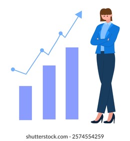 businesswoman standing confidently with upward growth chart and bar graph symbolizing success flat vector illustration