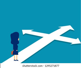 Businesswoman standing confused direction. Concept cute business vector illustration. Crossroad, Opportunity, Confusion