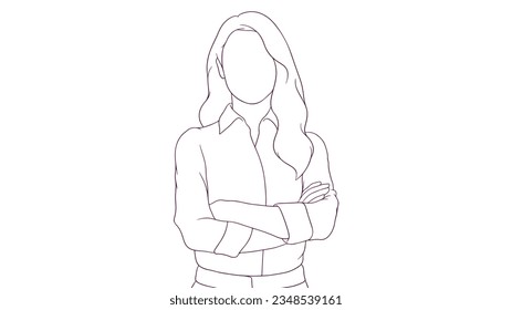 businesswoman standing with crossed arms, hand drawn style vector illustration