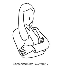 Businesswoman is standing crossing her arms - line drawing vector illustration graphic design