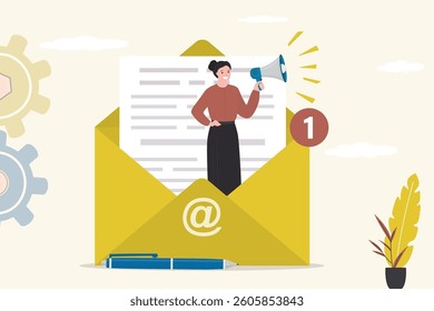 Businesswoman standing in email envelope announcing through megaphone. Email marketing, CRM, subscription on web. Email newsletter for discount. Manager woman promoting marketing information. vector
