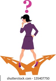 Businesswoman standing at the fork in the road, making a decision. EPS 8 vector, no transparencies.