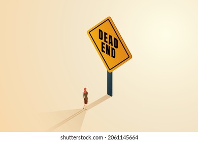 Businesswoman standing in front of a dead end sign. Wrong decisions, obstacles, business risks the end of the path or the dead end of a career. isometric vector illustration.