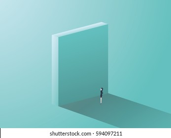 Businesswoman standing in front of high wall as a symbol of corporate gender issues for women. Business challenge and obstacle concept. Eps10 vector illustration.