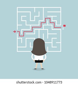 Businesswoman standing in front of a maze with a solution to success. vector