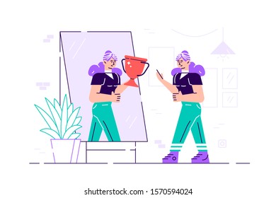 Businesswoman Standing In Front Of A Mirror Looking At Her Reflection And Imagine Yourself Successful. Business Concept. Flat Style Modern Design Vector Illustration For Web Page, Poster, Social Medi