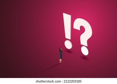 Businesswoman standing in front of question mark and exclamation mark. isometric vector illustration.