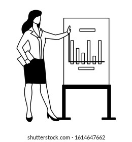 businesswoman standing with graphs on white background vector illustration design