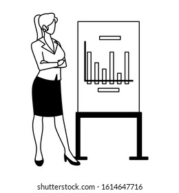 businesswoman standing with graphs on white background vector illustration design