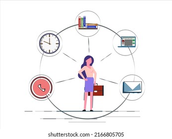 A businesswoman is standing and holding a briefcase with office icons in the background.eps10