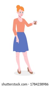 Businesswoman standing and holding coffee cup. Colorful flat design vector illustration. Young woman drinking coffee