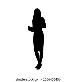 Businesswoman standing and holding documents in hands, isolated vector silhouette