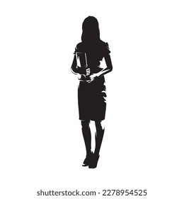 Businesswoman standing and holding documents, isolated vector silhouette, ink drawing