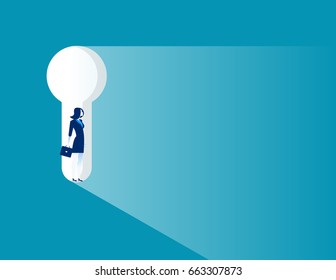 Businesswoman standing in keyhole. Concept business vector illustration.