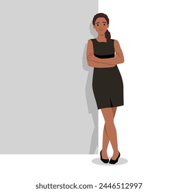 Businesswoman standing and lean against wall, thinking something about new business company. Flat vector illustration isolated on white background