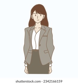 Businesswoman standing and looking at the viewer. Female office worker in business attire. Hand drawn flat cartoon character vector illustration.