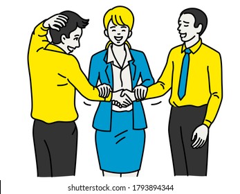 Businesswoman standing in a middle, mend work relationship and tension between two colleagues who has problem in team. Business concept in reconcilation. Outline, linear, thin line art, simple design.