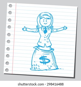 Businesswoman standing in money bag