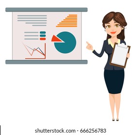 Businesswoman standing near board with infographic. Business woman cute cartoon character. Business woman vector illustration isolated on white background